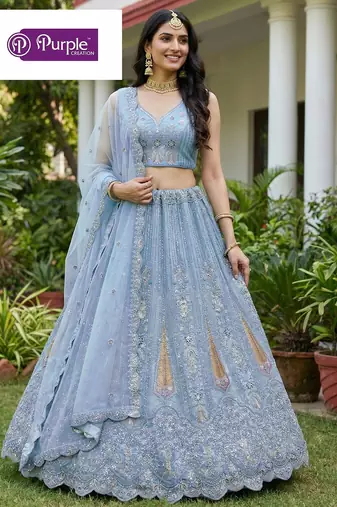 Firozi Jari Dori Thread Sequence Embroidery With Zircon Diamond Work Bridal Net Semi Stitched Lehenga Set