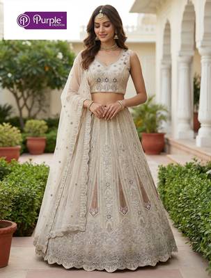 White Jari Dori Thread Sequence Embroidery With Zircon Diamond Work Bridal Net Semi Stitched Lehenga Set 1
