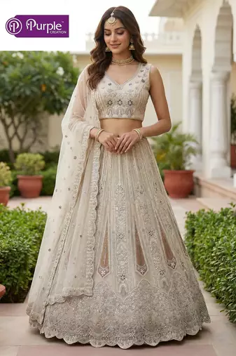 White Jari Dori Thread Sequence Embroidery With Zircon Diamond Work Bridal Net Semi Stitched Lehenga Set