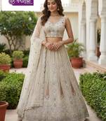 White Jari Dori Thread Sequence Embroidery With Zircon Diamond Work Bridal Net Semi Stitched Lehenga Set