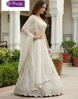 White Jari Dori Thread Sequence Embroidery With Zircon Diamond Work Bridal Net Semi Stitched Lehenga Set 2