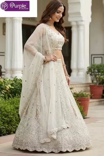 White Jari Dori Thread Sequence Embroidery With Zircon Diamond Work Bridal Net Semi Stitched Lehenga Set