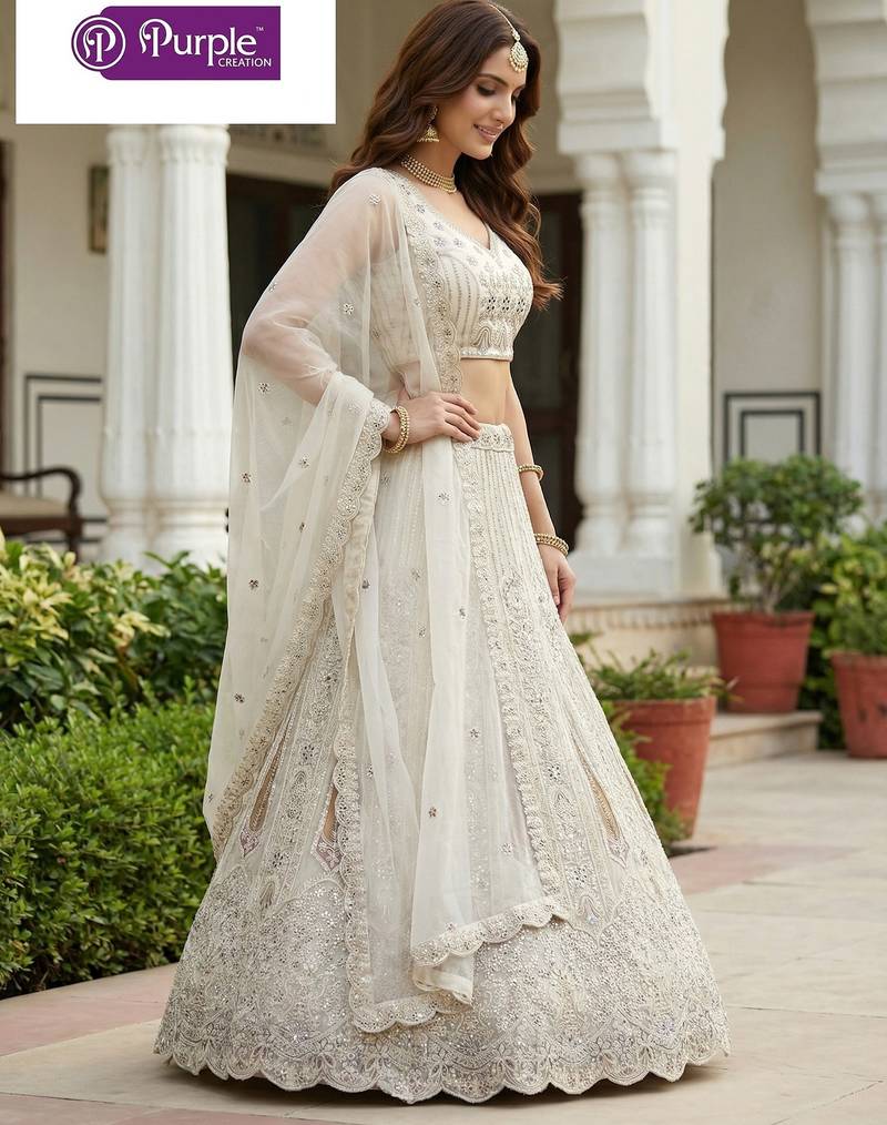 White Jari Dori Thread Sequence Embroidery With Zircon Diamond Work Bridal Net Semi Stitched Lehenga Set