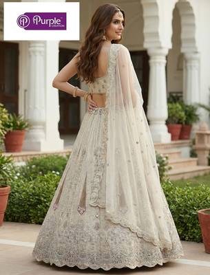 White Jari Dori Thread Sequence Embroidery With Zircon Diamond Work Bridal Net Semi Stitched Lehenga Set 3