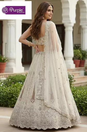 White Jari Dori Thread Sequence Embroidery With Zircon Diamond Work Bridal Net Semi Stitched Lehenga Set