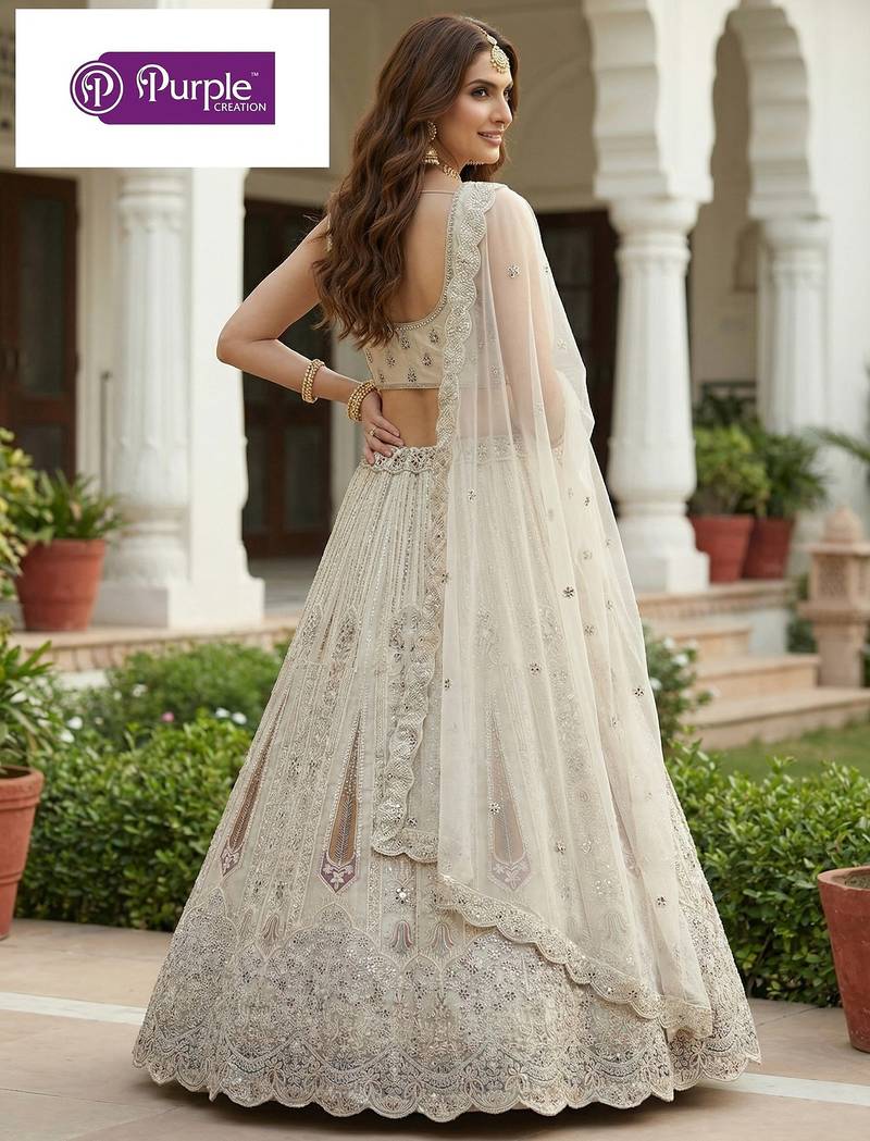 White Jari Dori Thread Sequence Embroidery With Zircon Diamond Work Bridal Net Semi Stitched Lehenga Set