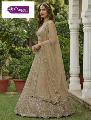 Beige Jari Dori Thread Sequence Embroidery With Zircon Diamond Work Bridal Net Semi Stitched Lehenga Set 1