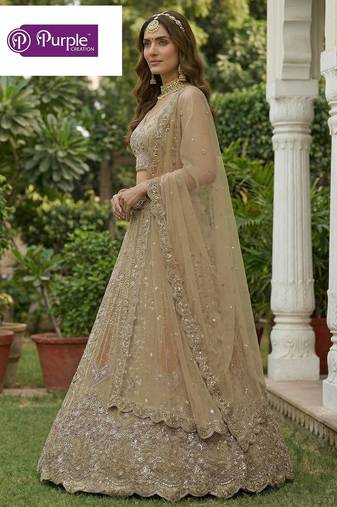 Beige Jari Dori Thread Sequence Embroidery With Zircon Diamond Work Bridal Net Semi Stitched Lehenga Set
