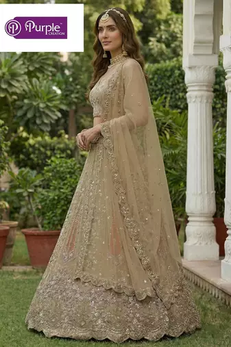 Beige Jari Dori Thread Sequence Embroidery With Zircon Diamond Work Bridal Net Semi Stitched Lehenga Set
