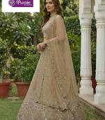 Beige Jari Dori Thread Sequence Embroidery With Zircon Diamond Work Bridal Net Semi Stitched Lehenga Set