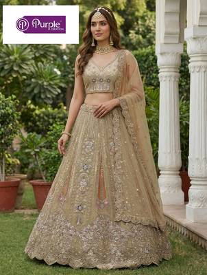 Beige Jari Dori Thread Sequence Embroidery With Zircon Diamond Work Bridal Net Semi Stitched Lehenga Set 2