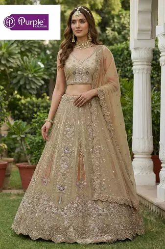 Beige Jari Dori Thread Sequence Embroidery With Zircon Diamond Work Bridal Net Semi Stitched Lehenga Set