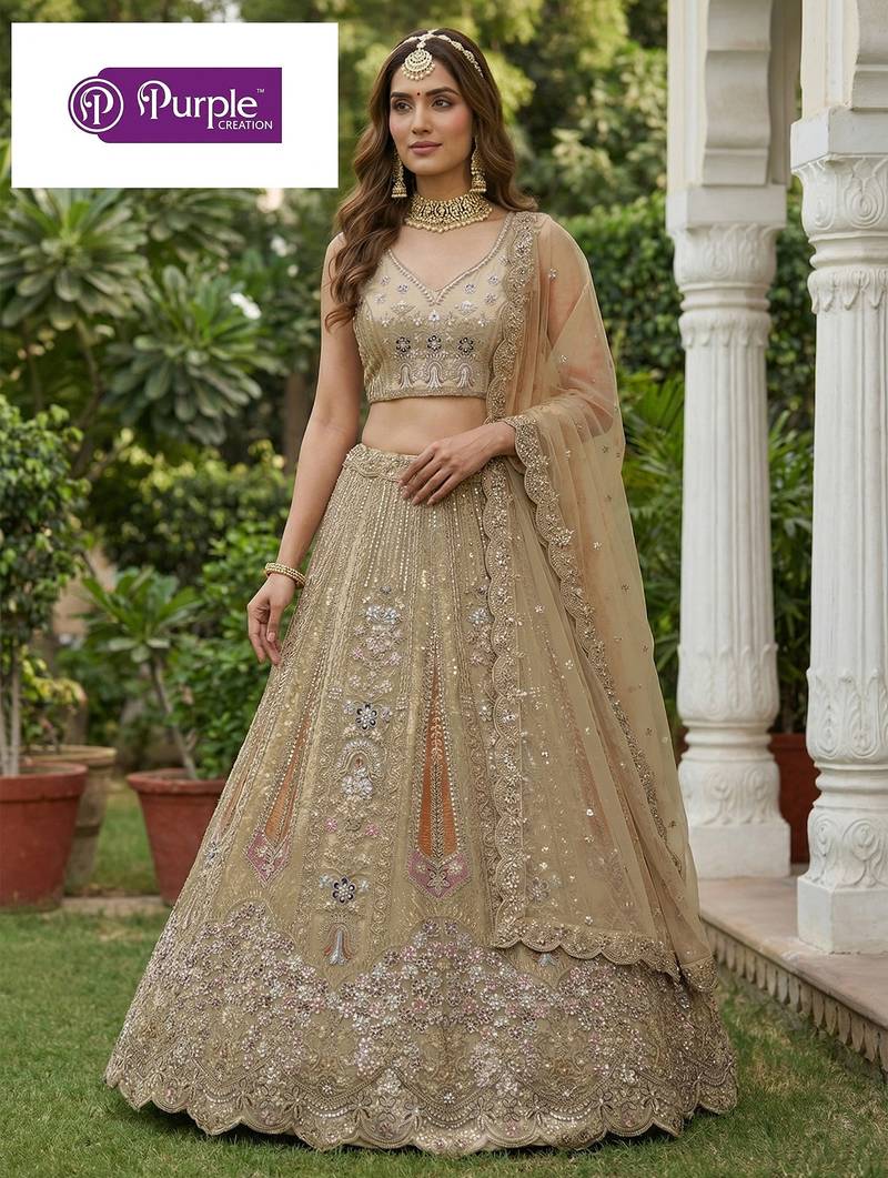 Beige Jari Dori Thread Sequence Embroidery With Zircon Diamond Work Bridal Net Semi Stitched Lehenga Set
