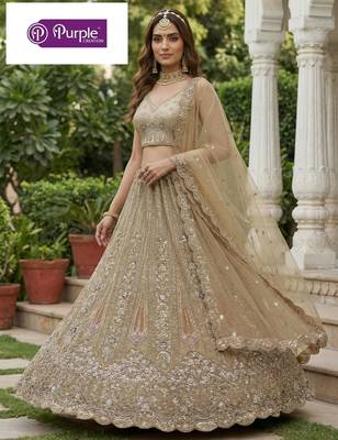 Beige Jari Dori Thread Sequence Embroidery With Zircon Diamond Work Bridal Net Semi Stitched Lehenga Set 3