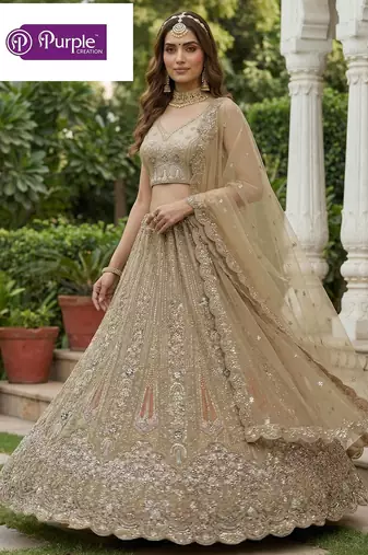 Beige Jari Dori Thread Sequence Embroidery With Zircon Diamond Work Bridal Net Semi Stitched Lehenga Set