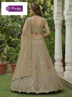 Beige Jari Dori Thread Sequence Embroidery With Zircon Diamond Work Bridal Net Semi Stitched Lehenga Set 4
