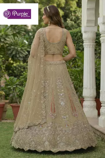 Beige Jari Dori Thread Sequence Embroidery With Zircon Diamond Work Bridal Net Semi Stitched Lehenga Set