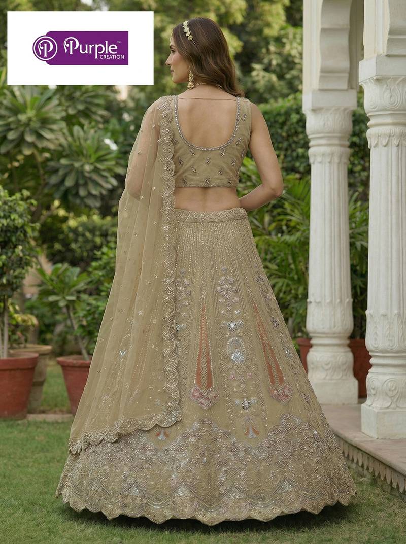 Beige Jari Dori Thread Sequence Embroidery With Zircon Diamond Work Bridal Net Semi Stitched Lehenga Set