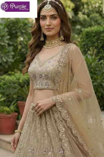 Beige Jari Dori Thread Sequence Embroidery With Zircon Diamond Work Bridal Net Semi Stitched Lehenga Set