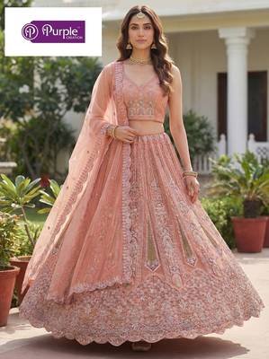 Peach Jari Dori Thread Sequence Embroidery With Zircon Diamond Work Bridal Net Semi Stitched Lehenga Set 1