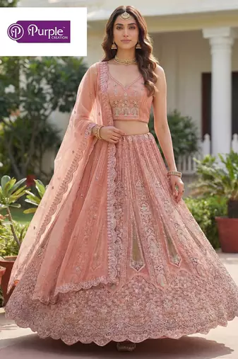Peach Jari Dori Thread Sequence Embroidery With Zircon Diamond Work Bridal Net Semi Stitched Lehenga Set