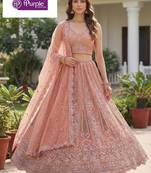 Peach Jari Dori Thread Sequence Embroidery With Zircon Diamond Work Bridal Net Semi Stitched Lehenga Set