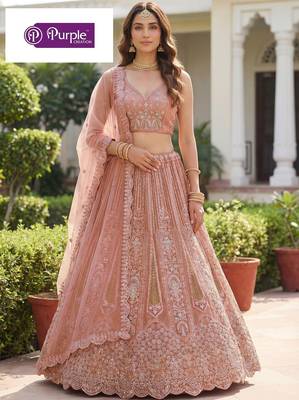 Peach Jari Dori Thread Sequence Embroidery With Zircon Diamond Work Bridal Net Semi Stitched Lehenga Set 2
