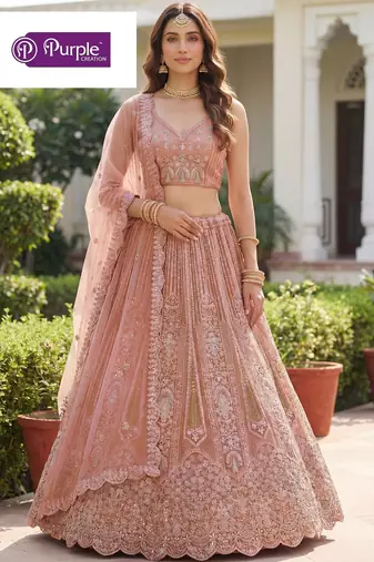 Peach Jari Dori Thread Sequence Embroidery With Zircon Diamond Work Bridal Net Semi Stitched Lehenga Set