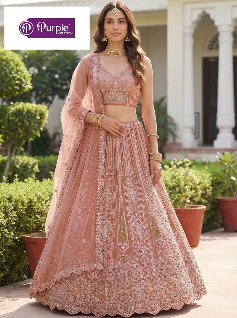 Peach Jari Dori Thread Sequence Embroidery With Zircon Diamond Work Bridal Net Semi Stitched Lehenga Set