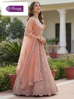 Peach Jari Dori Thread Sequence Embroidery With Zircon Diamond Work Bridal Net Semi Stitched Lehenga Set 3