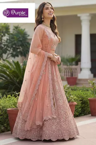 Peach Jari Dori Thread Sequence Embroidery With Zircon Diamond Work Bridal Net Semi Stitched Lehenga Set