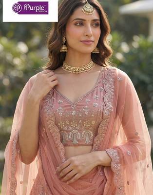 Peach Jari Dori Thread Sequence Embroidery With Zircon Diamond Work Bridal Net Semi Stitched Lehenga Set 4