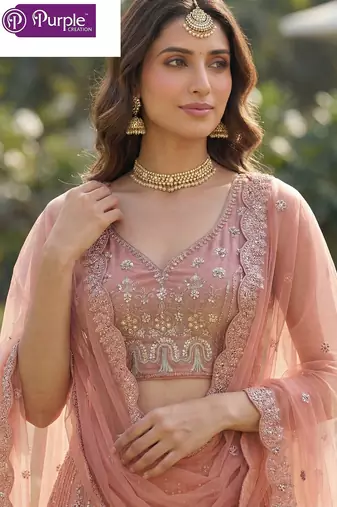 Peach Jari Dori Thread Sequence Embroidery With Zircon Diamond Work Bridal Net Semi Stitched Lehenga Set