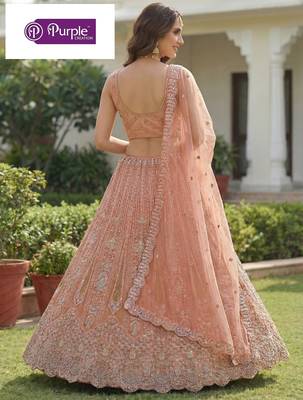 Peach Jari Dori Thread Sequence Embroidery With Zircon Diamond Work Bridal Net Semi Stitched Lehenga Set 5