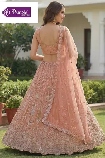 Peach Jari Dori Thread Sequence Embroidery With Zircon Diamond Work Bridal Net Semi Stitched Lehenga Set