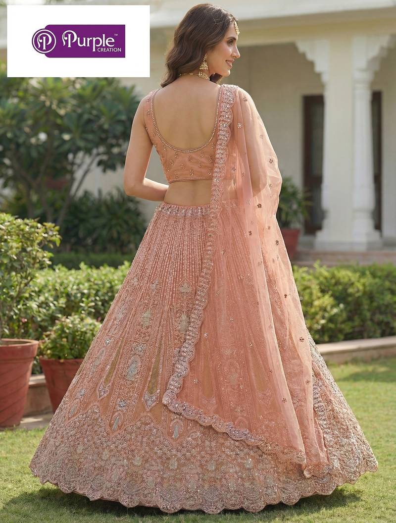 Peach Jari Dori Thread Sequence Embroidery With Zircon Diamond Work Bridal Net Semi Stitched Lehenga Set