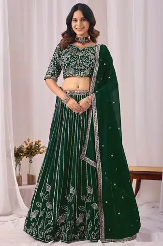 Dark Green Zari And Sequins Embroidery Work Faux Georgette Semi Stitched Lehenga Set