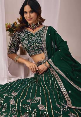 Dark Green Zari And Sequins Embroidery Work Faux Georgette Semi Stitched Lehenga Set 2
