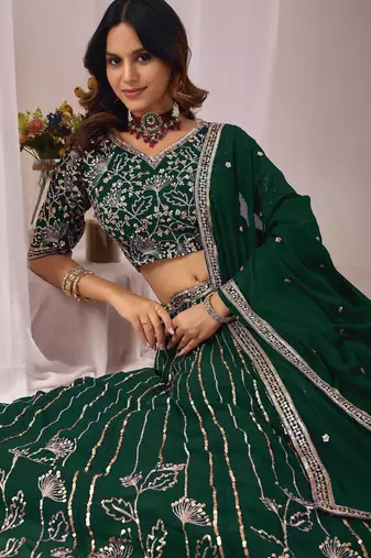 Dark Green Zari And Sequins Embroidery Work Faux Georgette Semi Stitched Lehenga Set