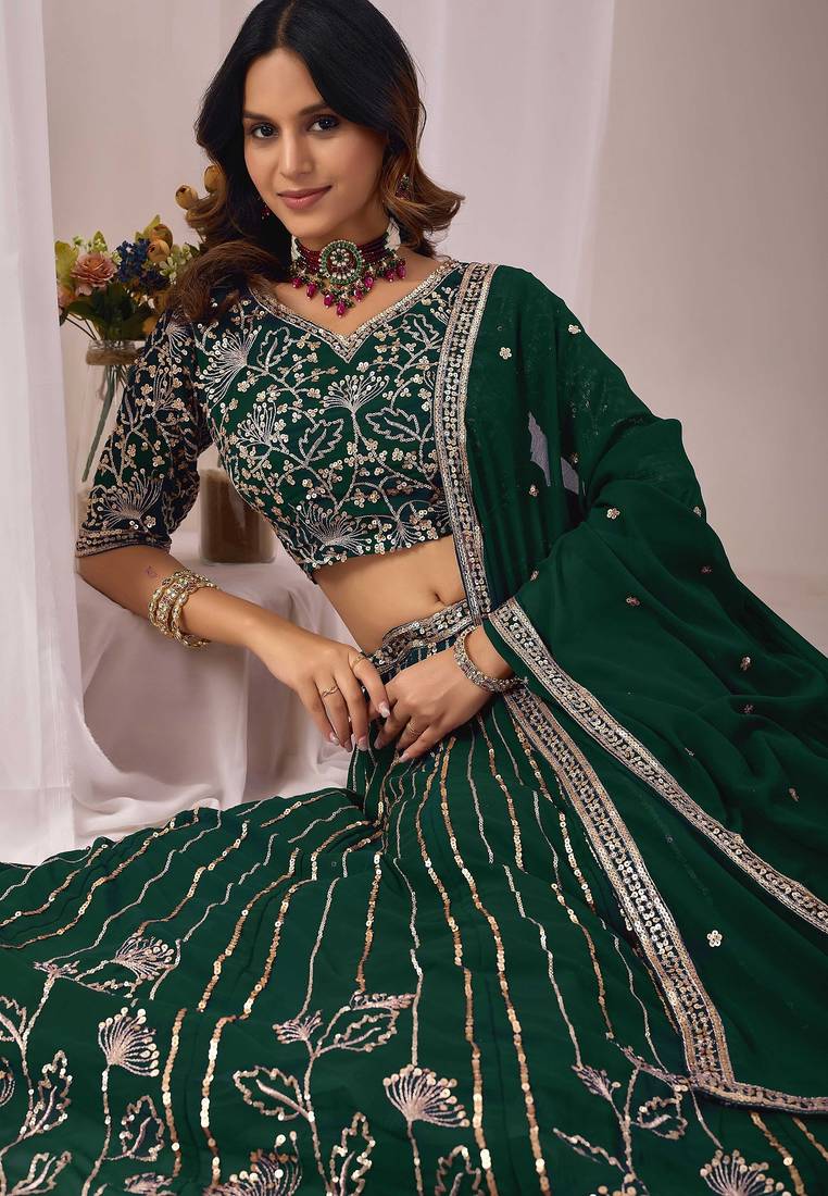 Dark Green Zari And Sequins Embroidery Work Faux Georgette Semi Stitched Lehenga Set