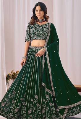 Dark Green Zari And Sequins Embroidery Work Faux Georgette Semi Stitched Lehenga Set 3