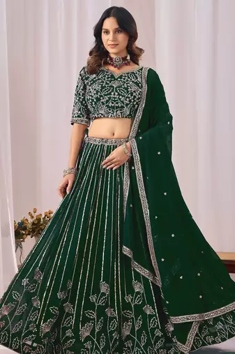 Dark Green Zari And Sequins Embroidery Work Faux Georgette Semi Stitched Lehenga Set