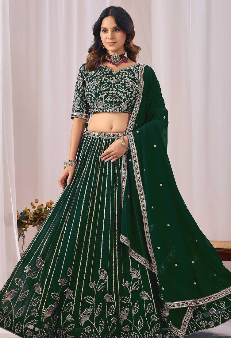 Dark Green Zari And Sequins Embroidery Work Faux Georgette Semi Stitched Lehenga Set