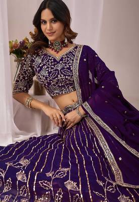 Purple Zari And Sequins Embroidery Work Faux Georgette Semi Stitched Lehenga Set 2
