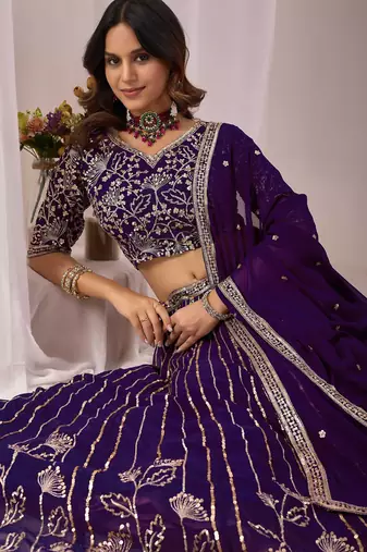 Purple Zari And Sequins Embroidery Work Faux Georgette Semi Stitched Lehenga Set