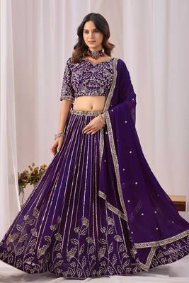 Purple Zari And Sequins Embroidery Work Faux Georgette Semi Stitched Lehenga Set 3