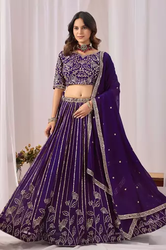 Purple Zari And Sequins Embroidery Work Faux Georgette Semi Stitched Lehenga Set