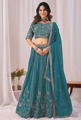 Blue Zari And Sequins Embroidery Work Faux Georgette Semi Stitched Lehenga Set 1