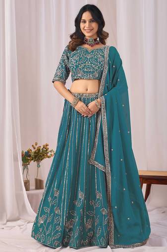 Blue Zari And Sequins Embroidery Work Faux Georgette Semi Stitched Lehenga Set