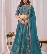 Blue Zari And Sequins Embroidery Work Faux Georgette Semi Stitched Lehenga Set